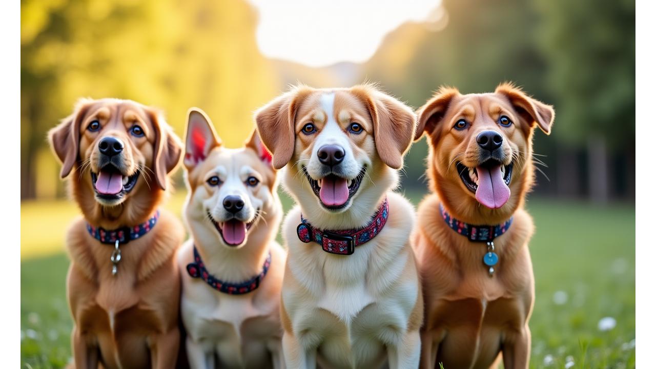 A diverse group of happy dogs wearing various stylish dog collars, showcasing different designs and materials.
