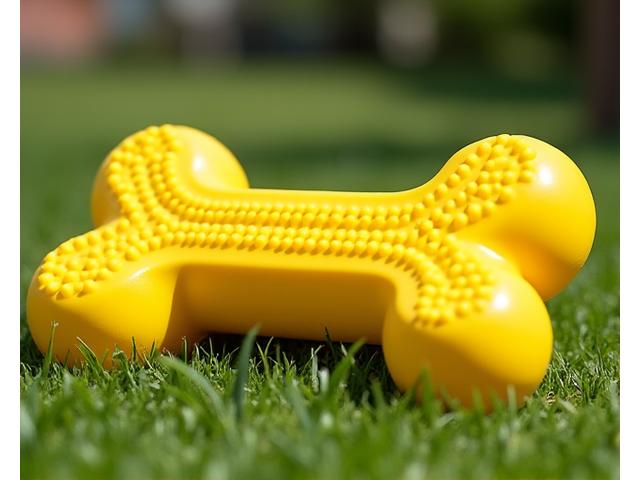 A large, durable rubber dog toy, possibly a chew ring or a textured ball, in a bright orange or yellow color. The toy shows no signs of wear, implying its toughness. It sits on a patch of grass in a park, ready for play.