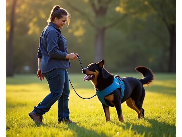A handler gently guiding a large, but well-behaved, dog (e.g., a Rottweiler or a Doberman) using a PupGear Premium anti-pull harness and leash. The scene is set in a spacious outdoor park or training ground, with focus on the interaction and the effective use of the gear.