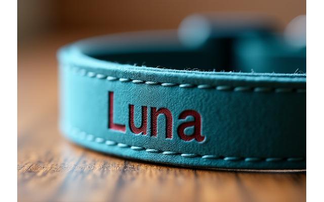 Close-up of a dog collar with a name engraved, showing clean, clear text and durable material.